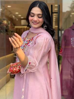 Attractive Pink Mirror Work Chanderi Kurtis Set With Fancy Sleeves