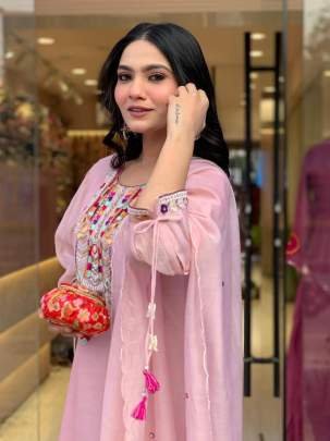 Attractive Pink Mirror Work Chanderi Kurtis Set With Fancy Sleeves