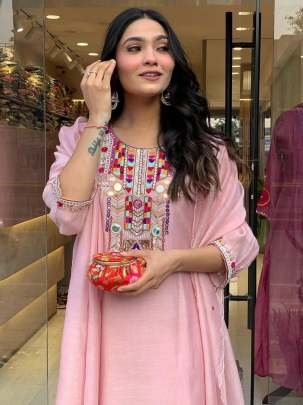 Attractive Pink Mirror Work Chanderi Kurtis Set With Fancy Sleeves