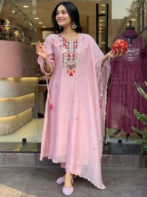 Attractive Pink Mirror Work Chanderi Kurtis Set With Fancy Sleeves