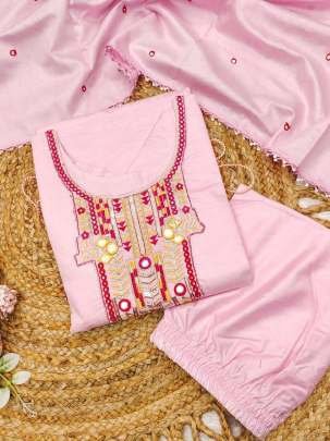Attractive Pink Mirror Work Chanderi Kurtis Set With Fancy Sleeves