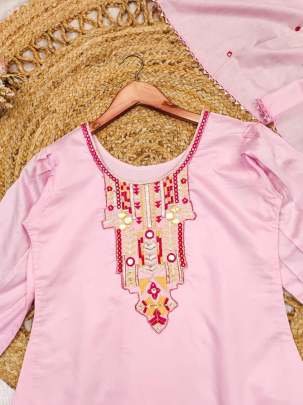 Attractive Pink Mirror Work Chanderi Kurtis Set With Fancy Sleeves