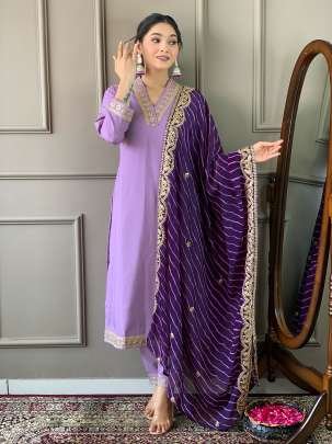 Attractive Purple V Neck Viscose Silk Kurti Set With Pant Dupatta