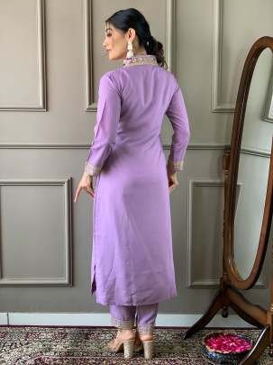 Attractive Purple V Neck Viscose Silk Kurti Set With Pant Dupatta