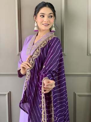 Attractive Purple V Neck Viscose Silk Kurti Set With Pant Dupatta