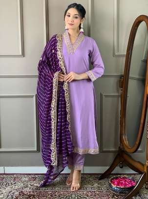 Attractive Purple V Neck Viscose Silk Kurti Set With Pant Dupatta