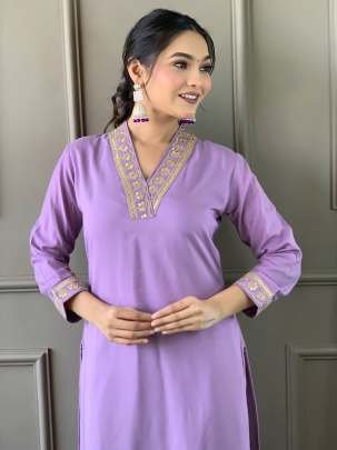 Attractive Purple V Neck Viscose Silk Kurti Set With Pant Dupatta