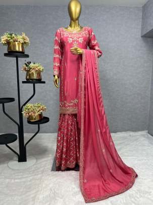 Attractive  Real Mirror Hand Work Gajari Pink Sharara Suit