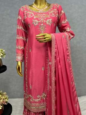 Attractive  Real Mirror Hand Work Gajari Pink Sharara Suit
