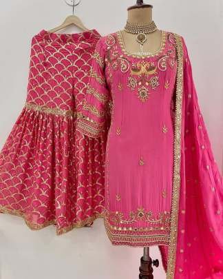 Attractive  Real Mirror Hand Work Gajari Pink Sharara Suit