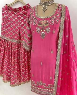 Attractive  Real Mirror Hand Work Gajari Pink Sharara Suit