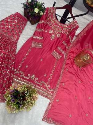 Attractive  Real Mirror Hand Work Gajari Pink Sharara Suit