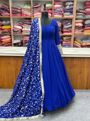 Attractive Royal Blue Gown With  Jari Work Dupatta