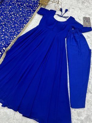 Attractive Royal Blue Gown With  Jari Work Dupatta
