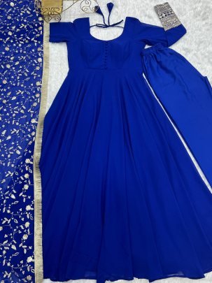 Attractive Royal Blue Gown With  Jari Work Dupatta