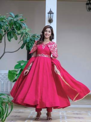 Attractive Sleeve Vichitra Silk Readymade Anarkali Gown
