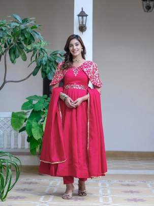 Attractive Sleeve Vichitra Silk Readymade Anarkali Gown