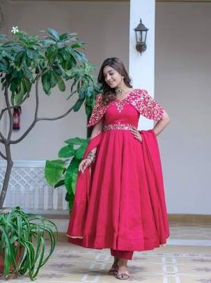 Attractive Sleeve Vichitra Silk Readymade Anarkali Gown