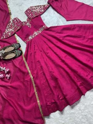 Attractive Sleeve Vichitra Silk Readymade Anarkali Gown