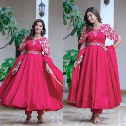Attractive Sleeve Vichitra Silk Readymade Anarkali Gown