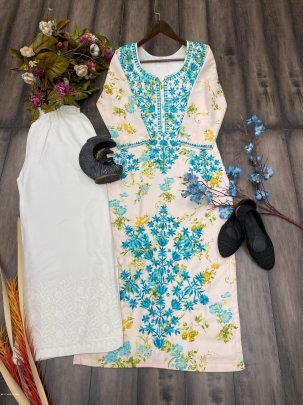Attractive White And Blue printed rayon Kurti with cotton thread embroidered work palazzo