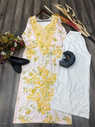 Attractive White And Yellow printed rayon Kurti with cotton thread embroidered work palazzo