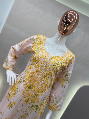 Attractive White And Yellow printed rayon Kurti with cotton thread embroidered work palazzo