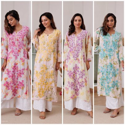 Attractive White And Yellow printed rayon Kurti with cotton thread embroidered work palazzo
