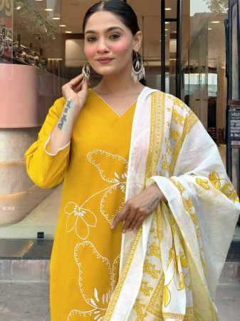 Attractive Yellow Printed Rayon Kurti Set