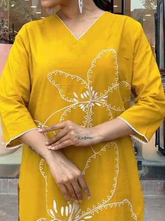 Attractive Yellow Printed Rayon Kurti Set