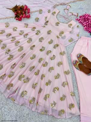 Baby Pink Color Georgette Anarkali Suit With Sequence Work Pant Dupatta Set