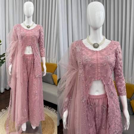 Baby Pink Colour Rivet Moti Work Indo Western Dress