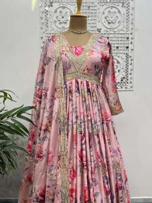 Baby Pink Designer traditional Chinon Silk Gown Dupatta Set