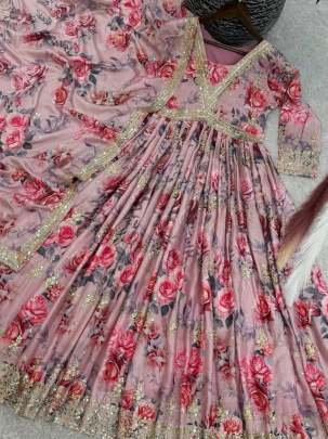 Baby Pink Designer traditional Chinon Silk Gown Dupatta Set