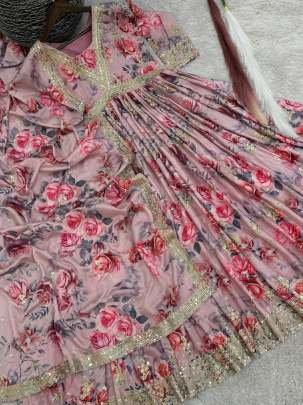Baby Pink Designer traditional Chinon Silk Gown Dupatta Set