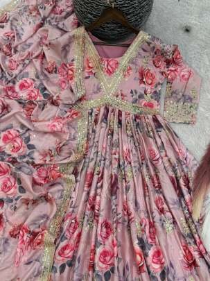 Baby Pink Designer traditional Chinon Silk Gown Dupatta Set