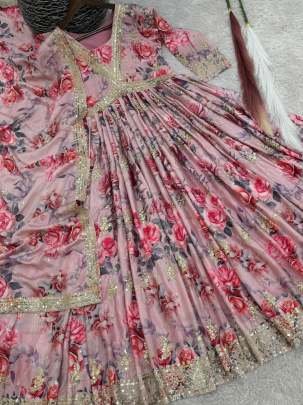 Baby Pink Designer traditional Chinon Silk Gown Dupatta Set