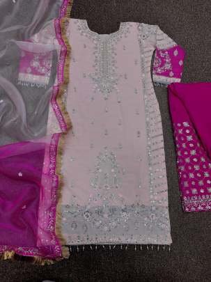 Baby pink Embroidery Sequins Work Kurti Pant And Dupatta