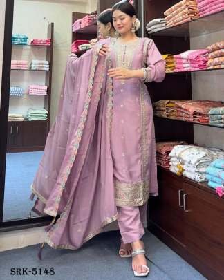 Baby Pink Fully Stitched Pure Chinon Silk Embroidered Top Bottom Dupatta Set