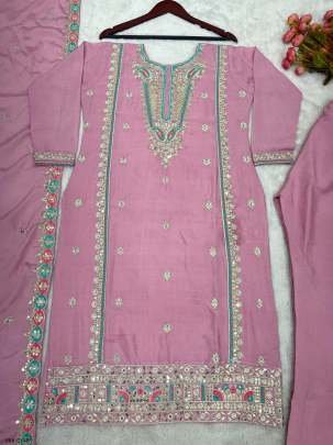 Baby Pink Fully Stitched Pure Chinon Silk Embroidered Top Bottom Dupatta Set