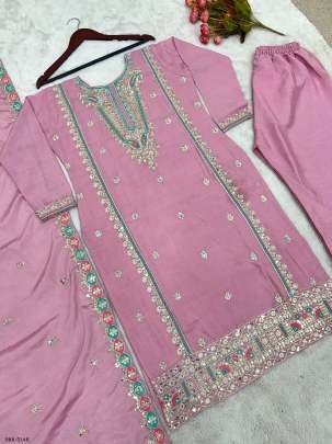 Baby Pink Fully Stitched Pure Chinon Silk Embroidered Top Bottom Dupatta Set