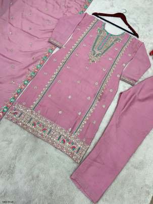 Baby Pink Fully Stitched Pure Chinon Silk Embroidered Top Bottom Dupatta Set