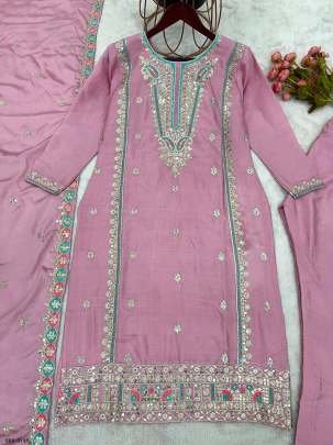 Baby Pink Fully Stitched Pure Chinon Silk Embroidered Top Bottom Dupatta Set
