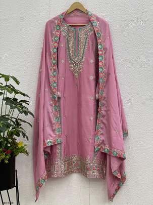 Baby Pink Fully Stitched Pure Chinon Silk Embroidered Top Bottom Dupatta Set