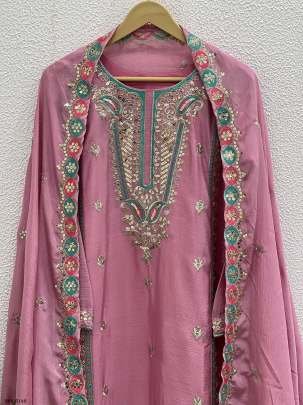 Baby Pink Fully Stitched Pure Chinon Silk Embroidered Top Bottom Dupatta Set
