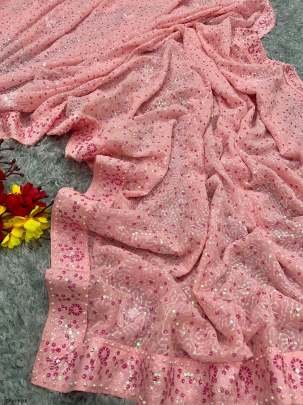 Baby Pink Georgette With Sequins Embroidery Work Saree