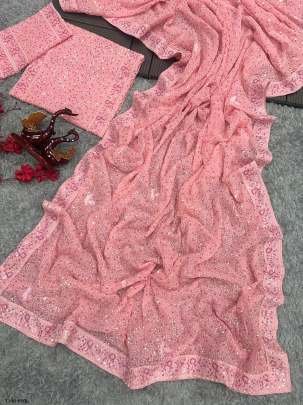 Baby Pink Georgette With Sequins Embroidery Work Saree