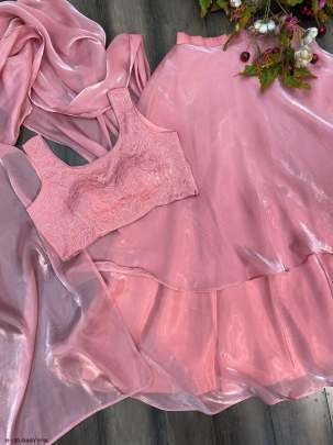 Baby Pink Jimmy Choo Lehenga Saree With Embroidery Work Blouse