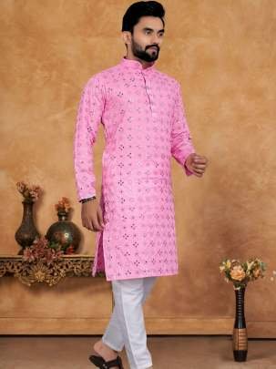 Baby Pink Mirror Work Cotton Men Kurta Pyjama