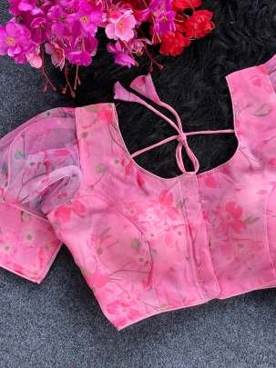 Baby Pink Sobha Flower Printed Organza Readymade Blouse